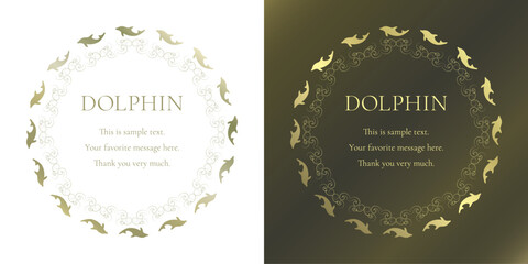 素材_フレームのセット_イルカをモチーフにした金色の飾り枠。高級感のある夏のイメージ