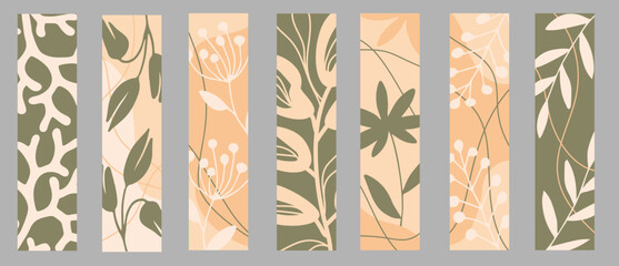 Set of vector bookmarks in vertical format. Abstract leaves, flower, branches and tropical plants.