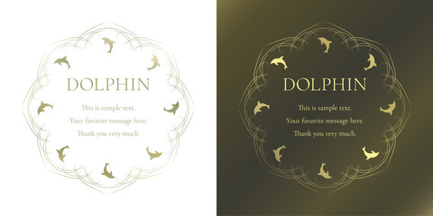 素材_フレームのセット_イルカをモチーフにした金色の飾り枠。高級感のある夏のイメージ