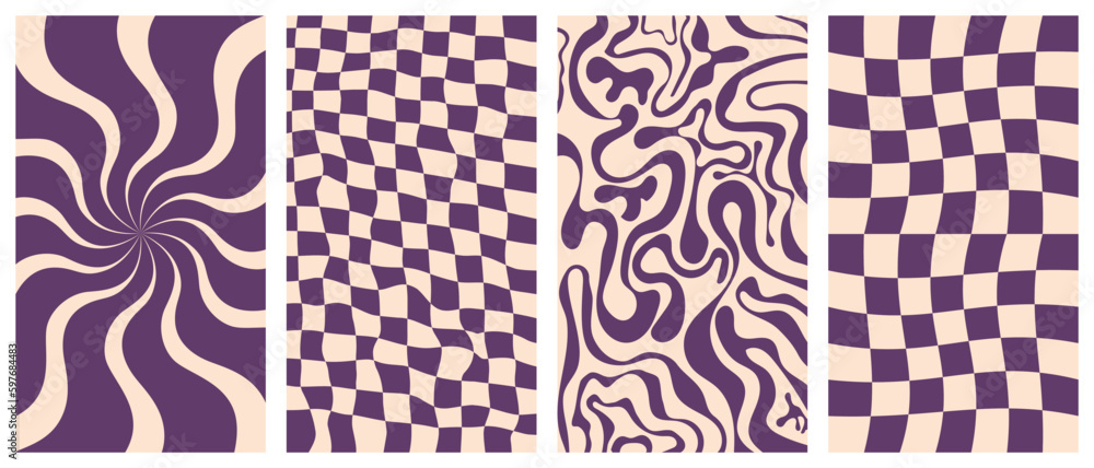 Sticker groovy hippie 70s vector backgrounds set. chessboard and twisted patterns. backgrounds in trendy ret