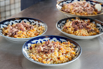 Fresh cooked wedding Uzbek plov in Tashkent, Uzbekistan