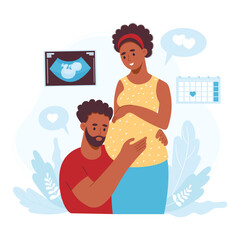 Ethnical happy family. Dark skin couple expecting baby. Pregnant woman and husband with first photo of ultrasound of child. Vector illustration. African american future parents, pregnancy concept.