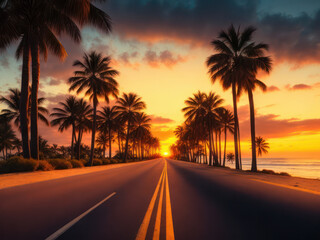 Palm trees along an empty road leading towards the ocean, sunset, generative AI