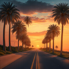 Palm trees along an empty road leading towards the ocean, sunset, generative AI