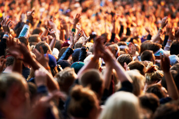 Dance, music and party with crowd at festival for concert, dj show and rave performance. Rock,...