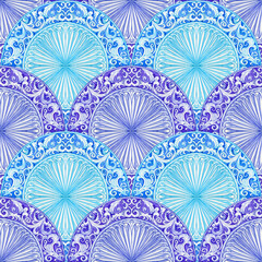 Majolica pattern. Sicilian hand drawn yellow gold ornament. Traditional blue and white ceramic tiles. Portuguese traditional azulejo pattern. Moroccan style..