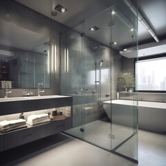 modern Luxury white bath tub, toilet interior, generative AI