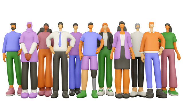Diversity of standing people, 3d rendering illustration,