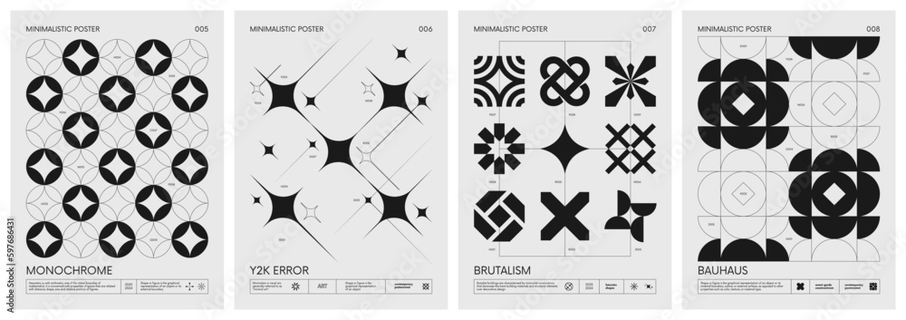 Poster retro futuristic vector minimalistic posters with silhouette basic figures, modern monochrome print 