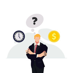 Businessman choosing between time or money illustration. Concept of life and work balance