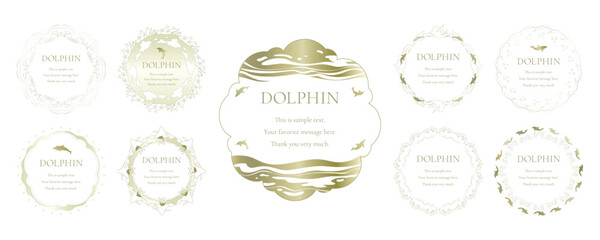 素材_フレームのセット_イルカをモチーフにした金色の飾り枠。高級感のある夏のイメージ