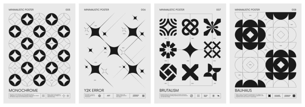 Retro futuristic vector minimalistic Posters with silhouette basic figures, Modern monochrome print brutalism, extraordinary graphic elements of geometrical shapes composition, set 2