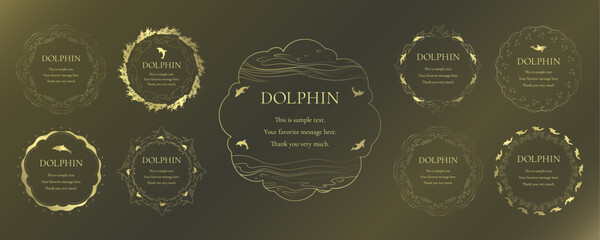素材_フレームのセット_イルカをモチーフにした金色の飾り枠。高級感のある夏のイメージ