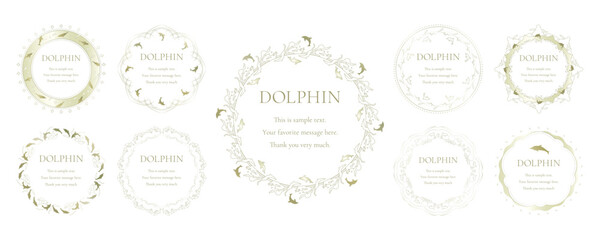 素材_フレームのセット_イルカをモチーフにした金色の飾り枠。高級感のある夏のイメージ