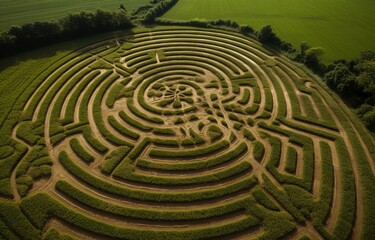 Naklejka premium view from above of a field's crop circle. Generative AI.