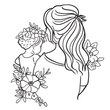 recommend clip art: mother and child mother's day card hand drawn floral line art illustration vector