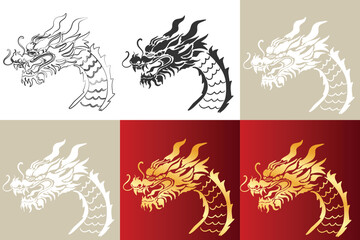 Chinese New Year 2024, the year of the Dragon, red and gold line art characters, simple hand-drawn Asian elements with craft (Chinese translation: Happy Chinese New Year 2024, year of the Dragon).