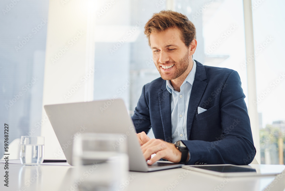 Leinwandbilder Happy, laptop reading and business man working in a office with website data and email planning. Entrepreneur, management worker and online database analyst typing on a computer for a web update