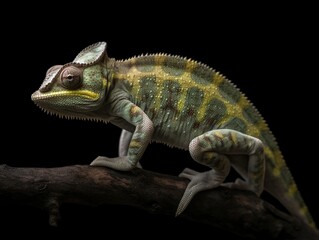 A branch with a yellow and black chameleon in the style of a dark background. Generative AI.