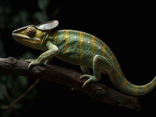 Chameleon with shades of black and yellow perched on a branch. Generative AI