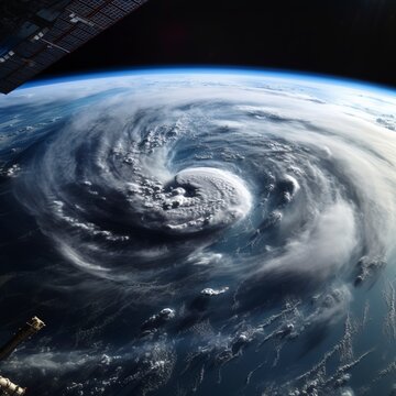 From orbit, a photograph of a hurricane. Generative AI.