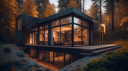 Modern flat roof house surrounded by nature. 3D visualization
