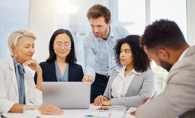 Laptop, meeting and business people in office for creative, collaboration and training. Coaching,...