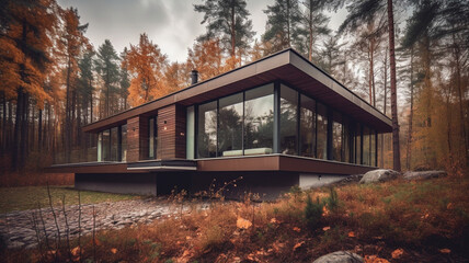 Fototapeta na wymiar Modern flat roof house surrounded by nature. 3D visualization