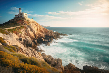 Fototapeta na wymiar Lighthouse on a cliff above the sea.