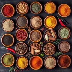 bowls filled with various kinds of spices. Generative AI.