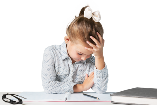 Sad girl with hands on face sitting at desk