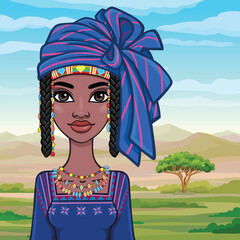 Animation portrait of a young African woman in a turban, ancient ethnic jewelry. Background - landscape desert, mountains, trees. Vector illustration.
