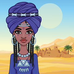 Beautiful animation African princess in ancient clothes and a turban.  Background - desert barkhans, palace silhouette. Vector illustration.
