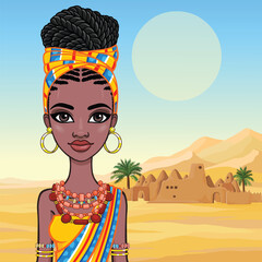 Animation portrait of a young African woman in a turban and ethnic jewelry. Background - landscape desert, ancient house, palm trees.  Vector illustration.