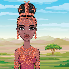 Animation portrait of beautiful black woman in a traditional ethnic jewelry. Princess, Bride, Goddess. Background - landscape desert. Vector illustration.	

