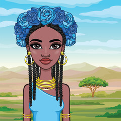 Animation portrait of the young beautiful African woman with Afro hair and wreath of blue roses. 
 Background - landscape desert, mountains, trees. Vector illustration.