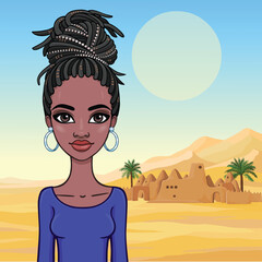 Animation portrait of a young African woman with dreadlocks. Background - landscape desert, ancient house, palm trees.  Vector illustration.