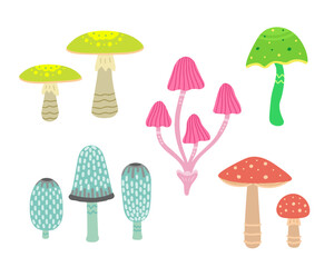 toadstools set, retro mushrooms. Vector Illustration for printing, backgrounds, covers and packaging. Image can be used for greeting cards, posters, stickers and textile. Isolated on white background.