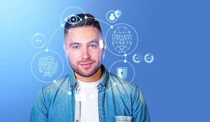 Bearded young man and facial recognition interface, mock up