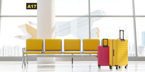 Airport waiting area with suitcases, gate and airplane flying