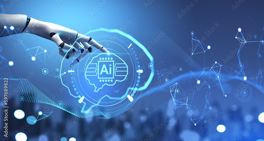 Aufkleber robot hand using ai interface in city