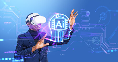 African businessman in vr glasses, AI brain hologram with digita