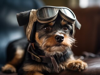 A small dog wearing a pilot's cap and goggles