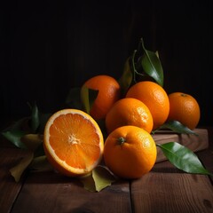 Slices of orange on a wooden table. Generative AI.