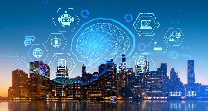 New York skyline, AI brain hologram and futuristic technologies icons
