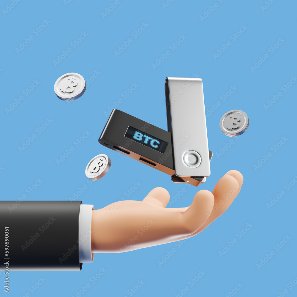 Aufkleber 3d rendering. cartoon man hand with crypto hardware wallet and bitcoin falling