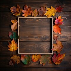 A vintage wooden table is topped with a frame made of colorful fall leaves. Generative AI.