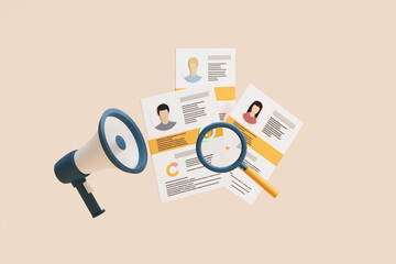 Megaphone and cv documents with id and information, headhunting