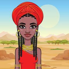 Beautiful animation African princess in ancient clothes and a turban. Background - landscape desert, mountains, trees. Vector illustration.