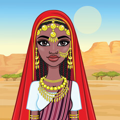 Animation portrait of a young African woman in ancient ethnic jewelry. Background - landscape desert, canyon, trees. Vector illustration.